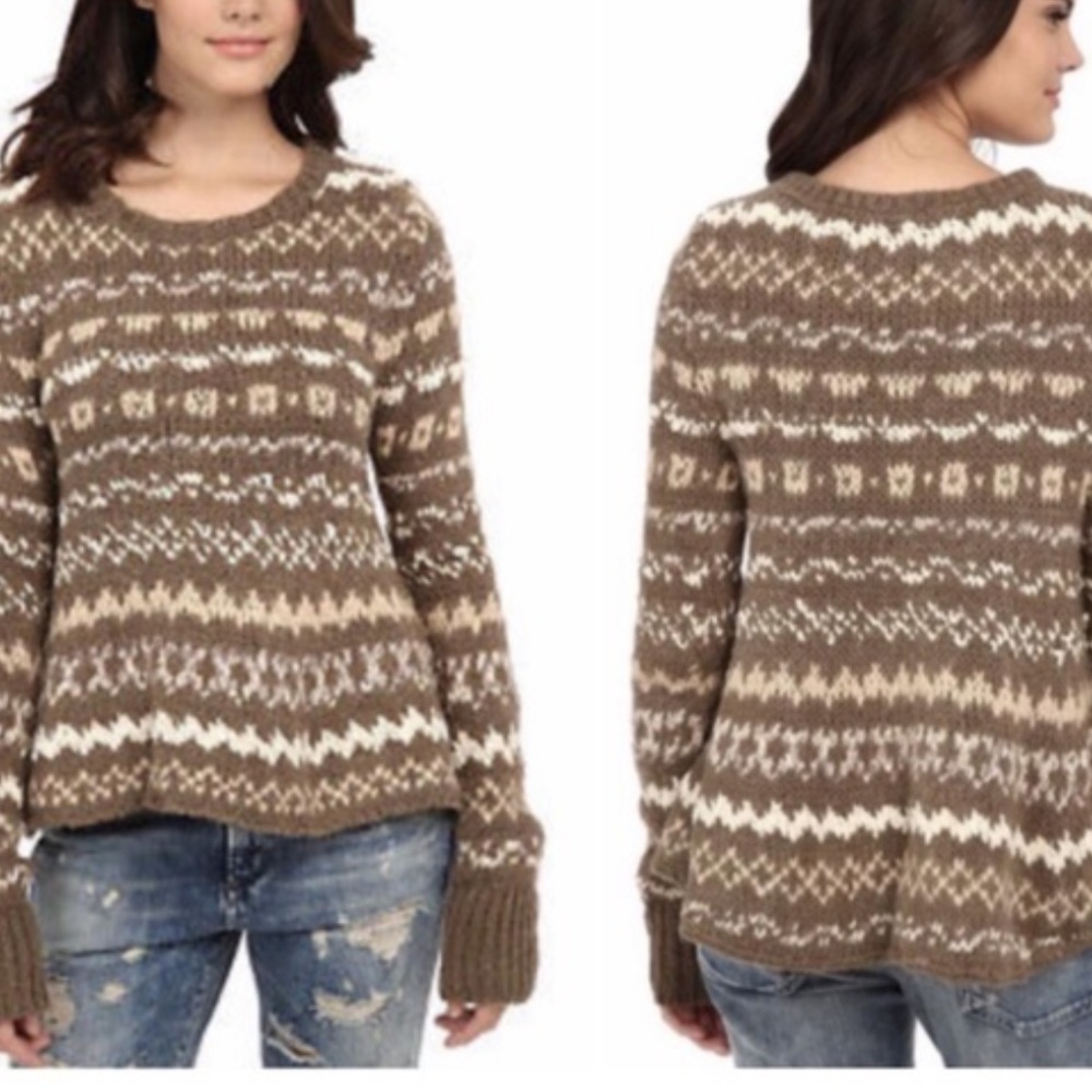 Free People Brown and Cream Fair Isle Crewneck Sweater